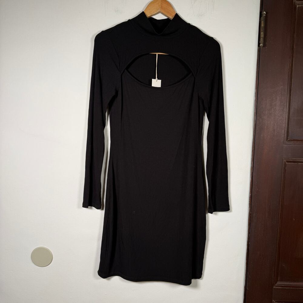 Z Supply Black Ribbed Keyhole Neckline mock Neck Long Sleeve Dress L BNWT
